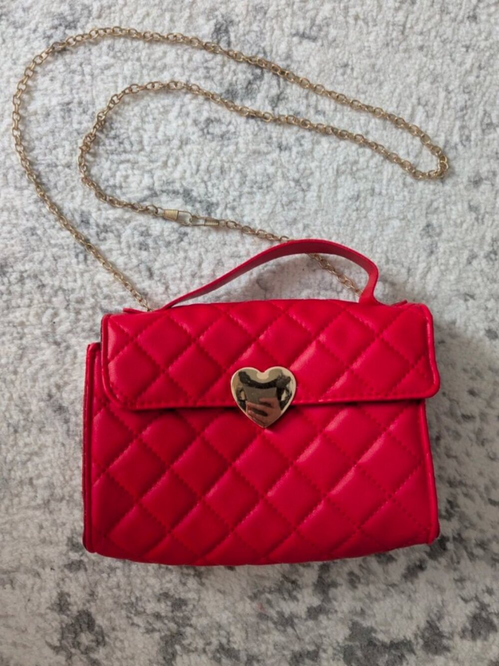 Red Quilted Tuft Small Red Bag w/ Gold Chain Strap and Gold Heart Clasp